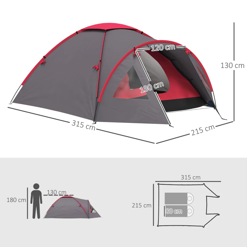 Outsunny 2 Person Camping Tent, Waterproof and UV50+ Family Tent with Bedroom, Porch, Sewn-in Groundsheet and Hook, Portable and Lightweight for Camping Hiking, Grey