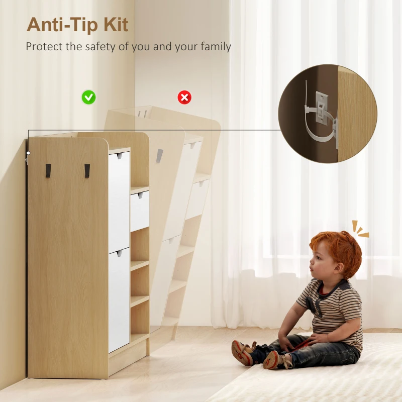 HOMCOM Narrow Shoe Cabinet with 2 Flip Drawers, Modern Slim Shoe Storage Cabinet with 5 Open Shelves, Storage Drawer and 4 Hooks for Hallway, Entryway, Holds 14 Pairs, Natural