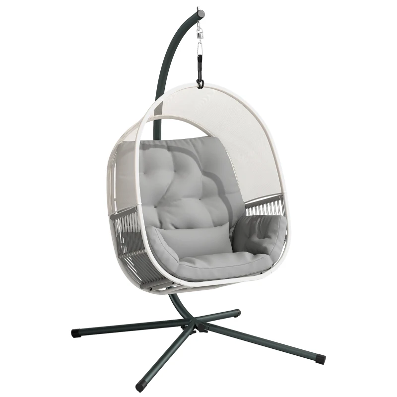 Outsunny Hanging Egg Chair Outdoor Indoor, Swing Hammock Chair with Stand, Cushions, Lumbar Pillow, Adjustable Height and Steel Frame for Garden Patio Lounge Porch, Light Grey