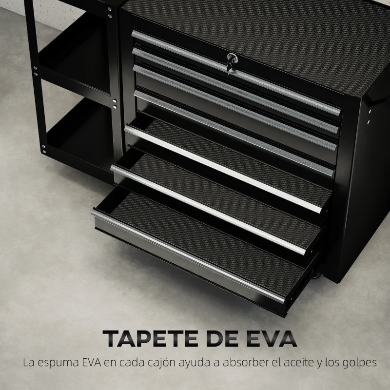 HOMCOM Carro de Herramientas con 7 Cajones Estantería de 3 Niveles Desmontable Sistema de Cierre Central Asa Negro