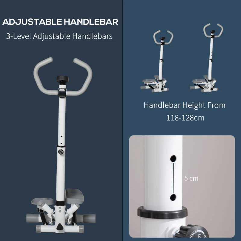 Stepper HOMCOM z uchwytem - Fitness Trener Domowy, małe urządzenie do ćwiczeń nóg i pośladków z ekranem LCD, regulowana prędkość, metal ABS, biały + szary 55 x 53 x 118-128 cm