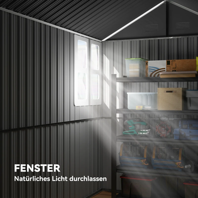 Outsunny Szopa narzędziowa stalowa, 4㎡ Szafka ogrodowa z oknem, zamykana na klucz, 259 x 172 x 222 cm Dom ogrodowy na balkon, taras, kolor ciemnoszary