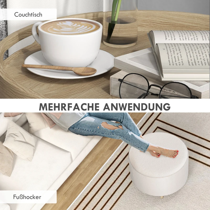 HOMCOM Hoker z oparciem do siedzenia z przestrzenią do przechowywania, okrągły hoker z odchylną pokrywą, drewniane nogi, nowoczesny, do salonu, sypialni, Biały, Ø56 x 42 cm