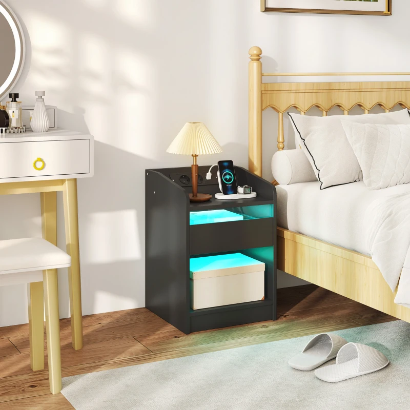 HOMCOM Mesita de Noche con Estación de Carga Luz LED RGB Cajón Estante Abierto Puertos USB y Control Remoto 40x40x58 Cm Negro
