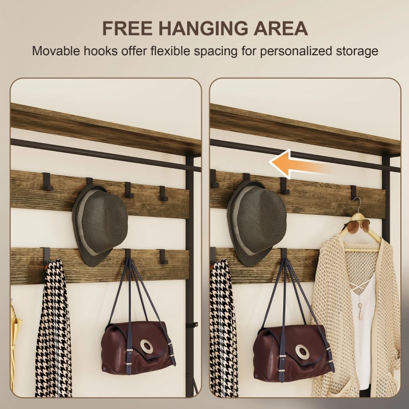 Stojak HOMCOM na ubrania z ławką, 10 regulowanych haków, półka na buty, szuflada, rama metalowa, design industrialny, do przedpokoju, salonu, sypialni, rustykalny brąz, wysokość 180 cm