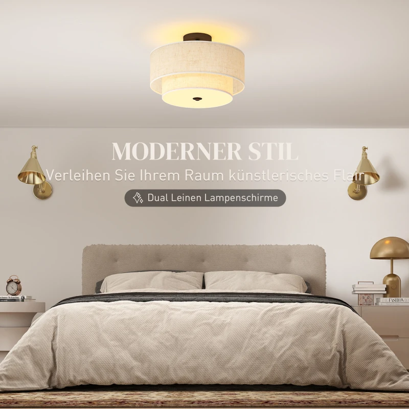 HOMCOM Modern Ceiling Light with Dual Linen Lampshades, Semi Flush LED Ceiling Light for Living Room, Bedroom, Kitchen, E14 Bulb Compatible, Cream White