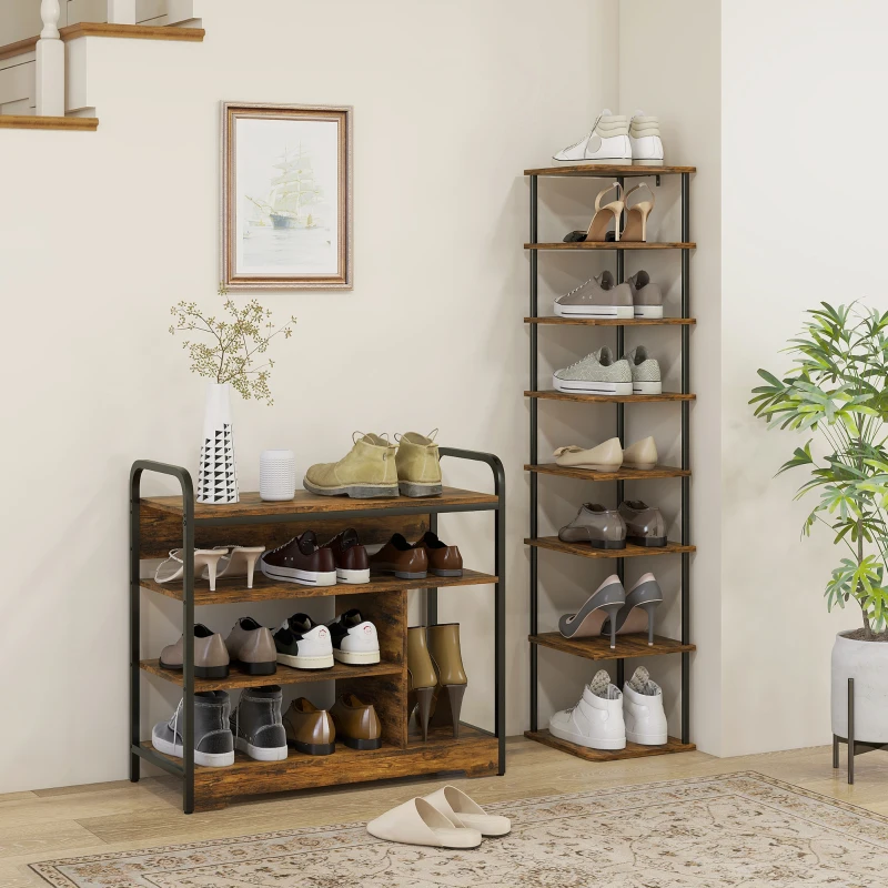 HOMCOM 4-Tier Shoe Rack, Industrial Shoe Storage Shelves for 11 Pairs of Shoes, Hallway Shoe Organizer for Flats, Boots, Heels, Sneakers, Rustic Brown