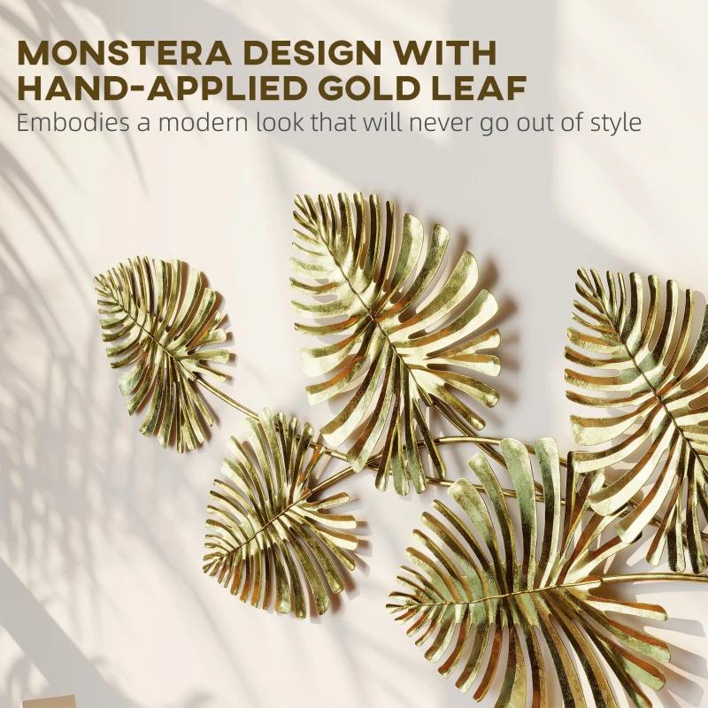 HOMCOM Dekoracja Ścienna Obraz Monstera Dekoracja Metalowa Rzeźba ze Złotą Folą Nowoczesna Sztuka do Salonu na Ścianę do Sypialni