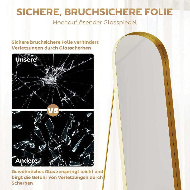 HOMCOM Lustro całkowite 160 x 50 cm, Łukowaty stojący lustro z metalową ramą i Szkłem Odpornym na Rozbicie, Lustro ścienne do stania, opierania, dla salonu, sypialni, korytarza, złote
