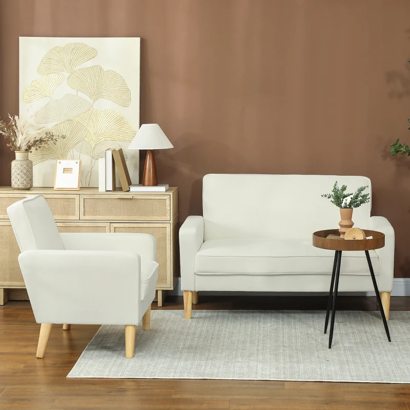 HOMCOM 2 Seater Sofa, Modern Velvet Small Sofa with Rubber Wood Legs, Upholstered Tufted Loveseat for Small Space, Living Room, Bedroom, Home Office, Cream White