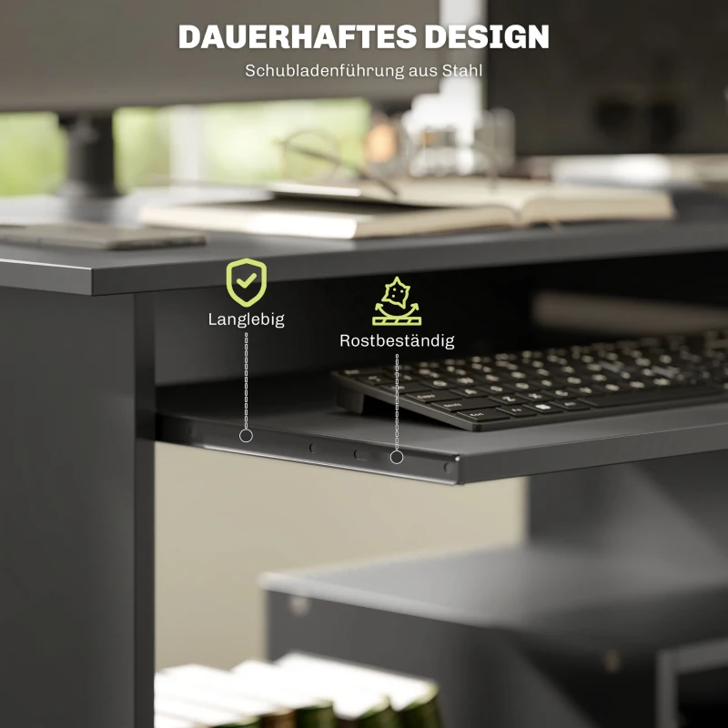 Biurko komputerowe z półkami i otwartymi schowkami