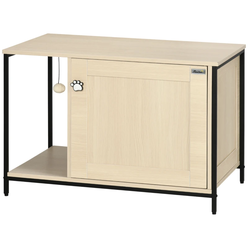 PawHut Katzenschrank dzierżnik, Katzendorf z magnetyczna furtka, kuweta dla kota, pień z piłką, stolik boczny, wzor zawyżony, dąb, 80 x 48 x 55 cm