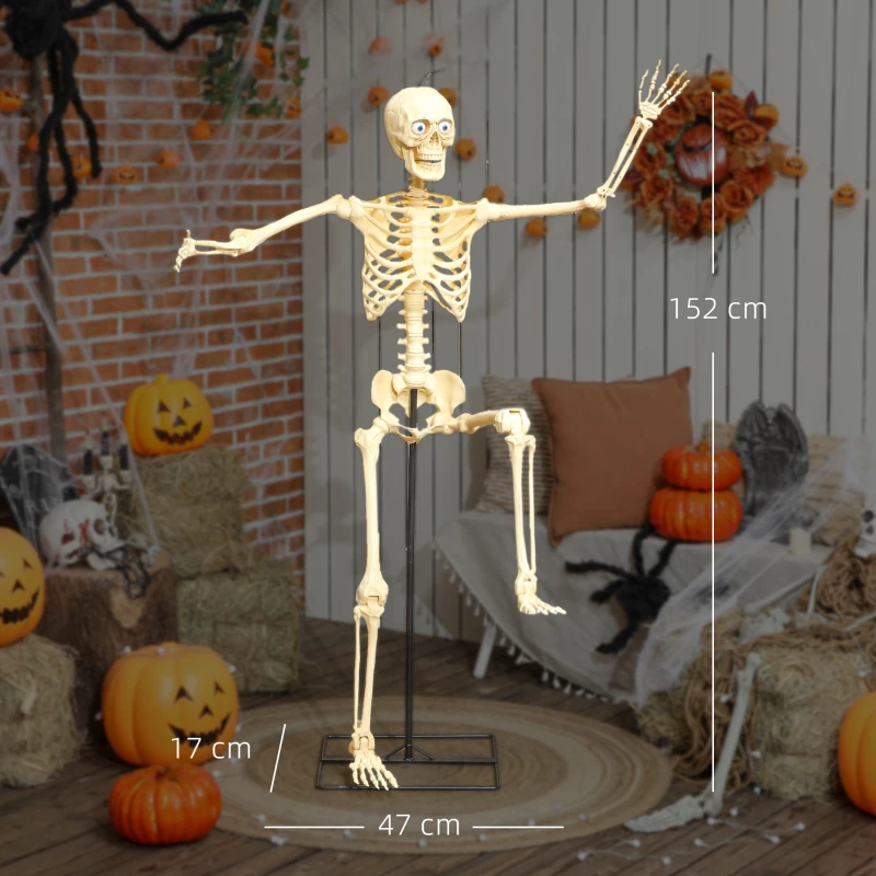 Dekoracja Halloween Outsunny, 152 cm szkielet z ruchomymi stawami, świecącymi oczami, strasznym dźwiękiem, dekoracja aktywowana dźwiękiem na Halloween, straszna impreza