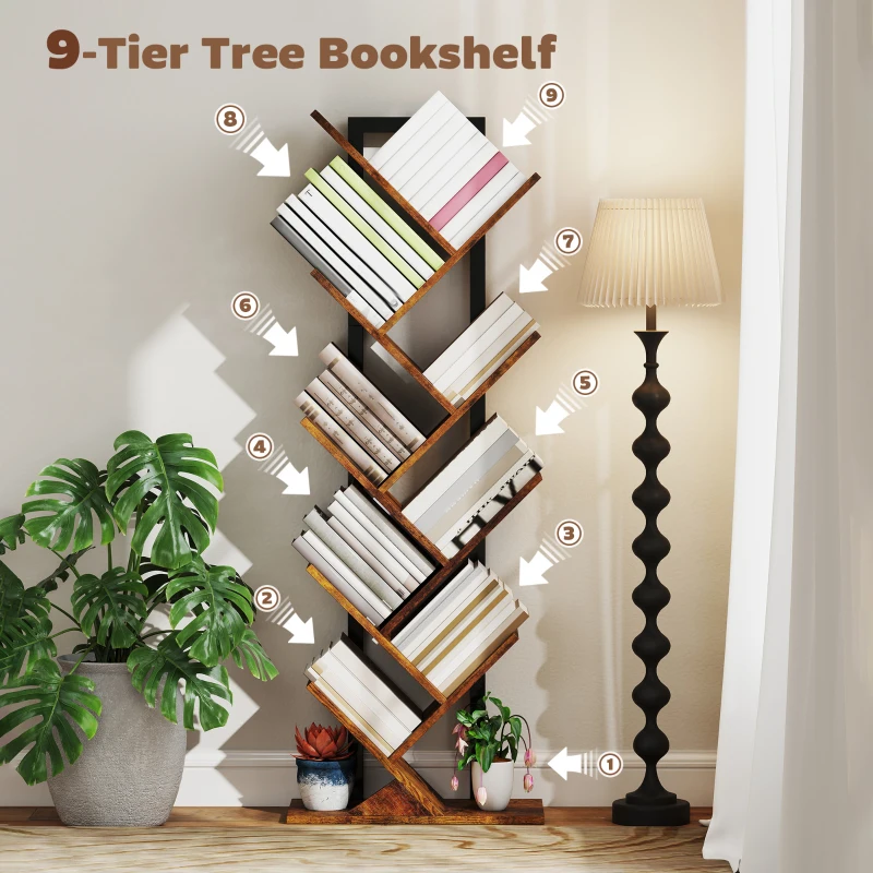 HOMCOM 9-Tier Tree Bookshelf, Industrial Free Standing Bookcase with Steel Frame, Display Storage Unit for Living Room Bedroom Home Office Study, Rustic Brown