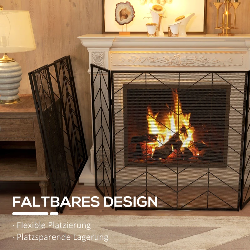 Osłona kominkowa, składana z 3 panelami, 135 x 85 cm, Czarna