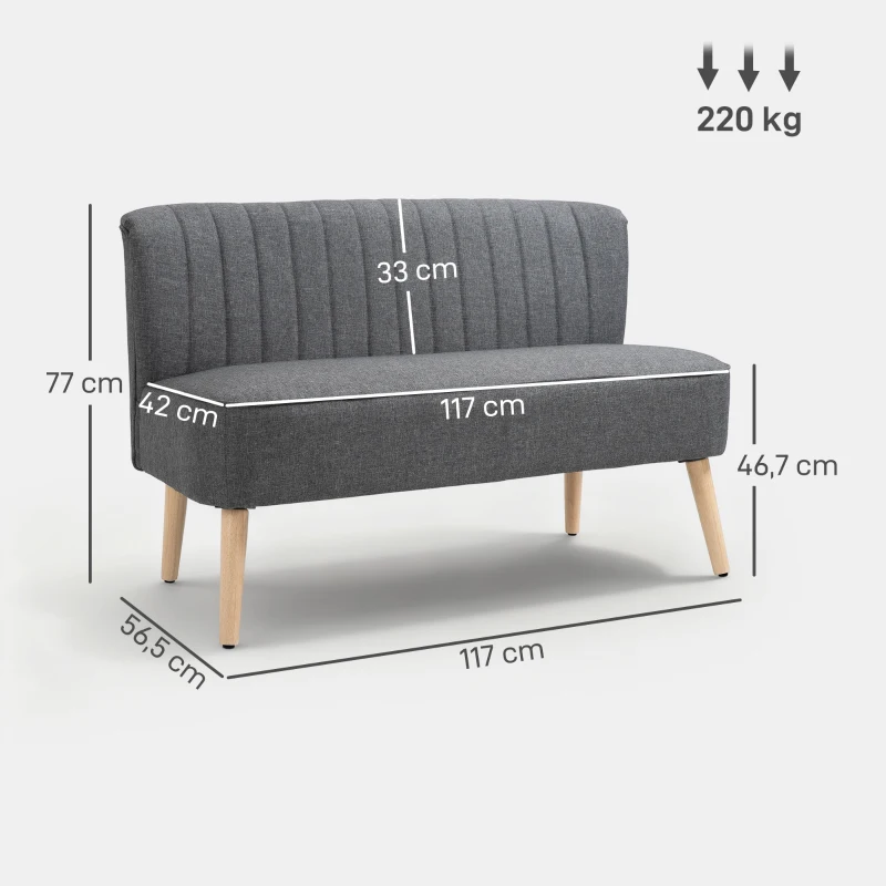 HOMCOM Sofa dwuosobowa, Mała Sofa Loveseat w wyglądzie lnu, Nowoczesna Sofa do Salonu, Sypialni, Małych Pomieszczeń, Szara, 117 x 56,5 x 77 cm