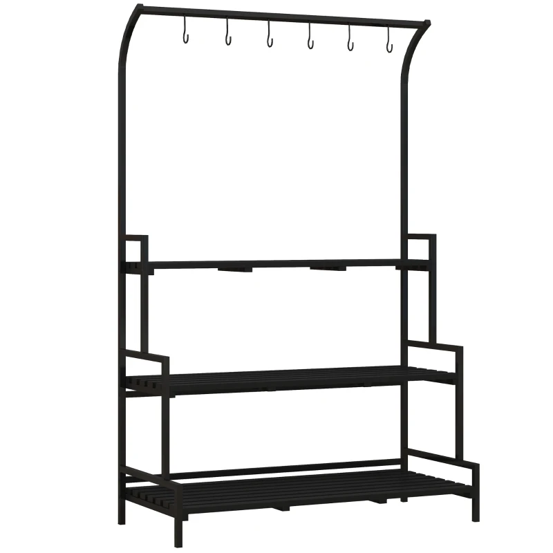 Outsunny Tall Plant Stand with Hanging Hooks, 3 Tiered Plant Rack Ladder Shelf for Indoor Outdoor Porch Balcony Living Room Bedroom, Black
