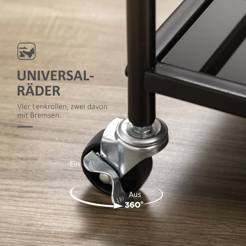 Wózek kuchenny HOMCOM, wózek na kółkach, wózek kelnerski z 2 półkami, trolley, wózek pomocniczy na kółkach, wózek na akcesoria kuchenne, metal, czarny, 75 x 40 x 80 cm