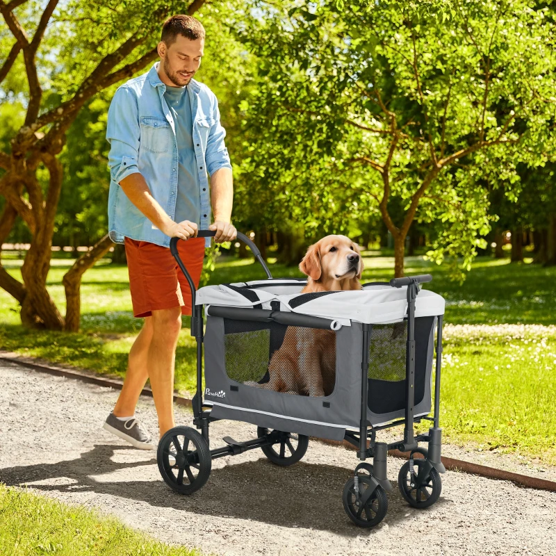 PawHut Dog Stroller, Puppy Buggy Cargo Trailer with Removable Adjustable Canopy, Storage Bag, Washable Cushion, Safety Leashes, Folding Pet Stroller for Large Dogs, Dark Grey