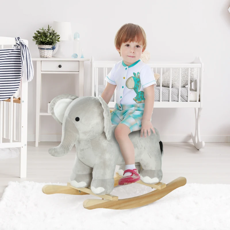 Qaba Rocking Horse, Kids Rocking Animal Elephant Rocker with Realistic Sounds, Plush Ride on Toy for 2-4 Years, Grey