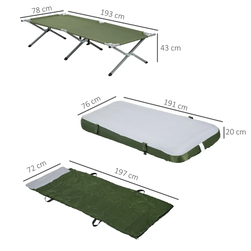 Outsunny Łóżko campingowe Łóżko polowe z poduszką składane łóżko podróżne z wytrzymałą stalową ramą do 120 kg zielony Oxford 193 x 86 x 43/63 cm