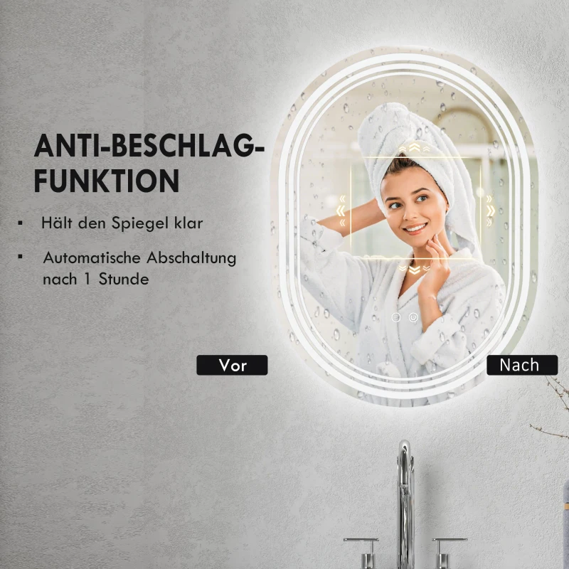 kleankin Badezimmerspiegel Badspiegel, Antibeschlagfunktion, LED-Lichter, 70 cm x 50 cm x 3 cm, Silber + Weiß