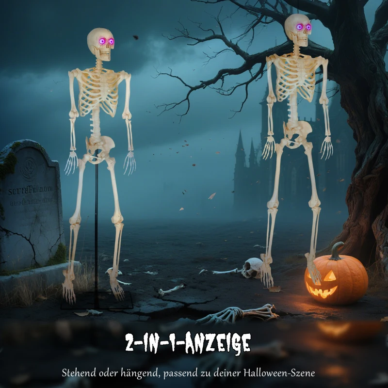 Dekoracja Halloween Outsunny, 152 cm szkielet z ruchomymi stawami, świecącymi oczami, strasznym dźwiękiem, dekoracja aktywowana dźwiękiem na Halloween, straszna impreza