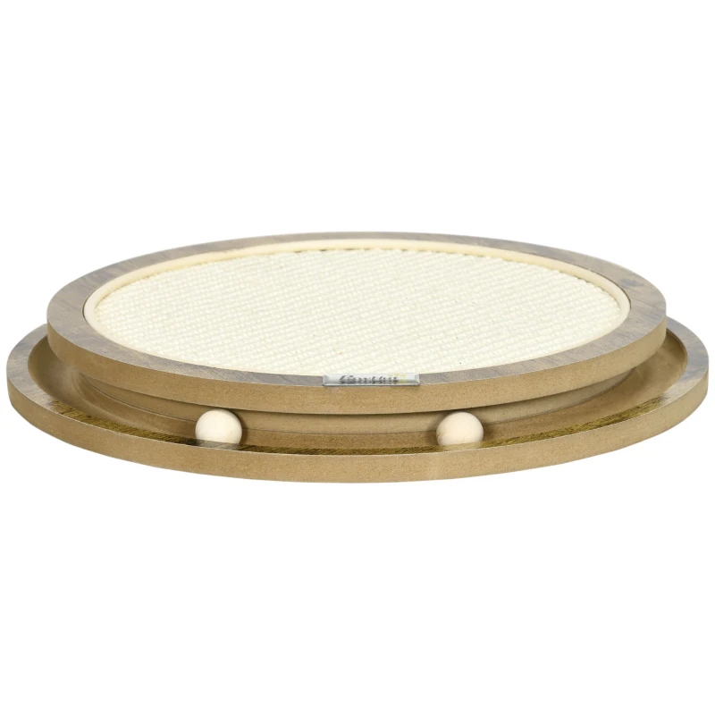 Deska do drapania PawHut z piłką, interaktywna drewniana zabawka dla kota, podkładka do drapania sizalu, ochrona przed zarysowaniami sofy, brązowa+kremowa biel, średnica 40 x 4,5 cm