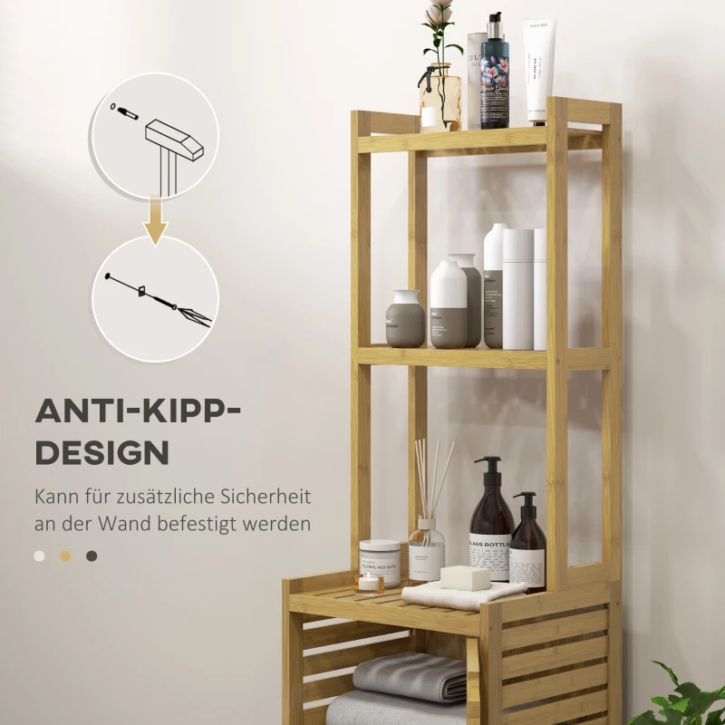 HOMCOM Szafka łazienkowa z bambusa, szafka na toaletę z 3 otwartymi półkami, zabezpieczenie przed przewróceniem, do łazienki, drewno naturalne, 38,5 x 33 x 170 cm