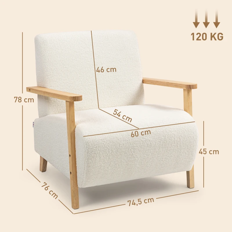 HOMCOM Armchair, Sherpa Fabric Accent Chair, Nordic Comfy Upholstered Reading Lounge with Wood Legs and Armrests, Thick Seat for Living Room, Bedroom, Office, Cream White