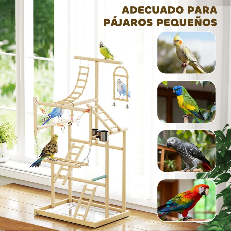 PawHut Parque de Juegos para Pájaros Soporte de Madera para Pájaros con Escaleras Columpio Cadena Bandeja Comederos