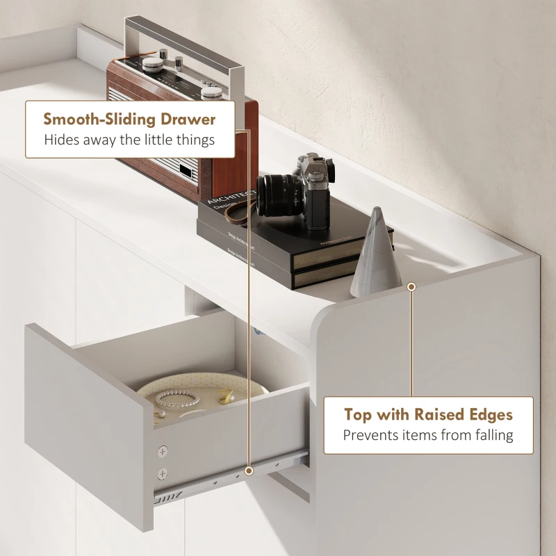 HOMCOM Szafka na Buty z 4 Drzwiami, Design Otwierania na Naciśnięcie, Regulowane Półki, Szuflada, Białe Drewniane Nogi, 120 x 35 x 100 cm, Biały