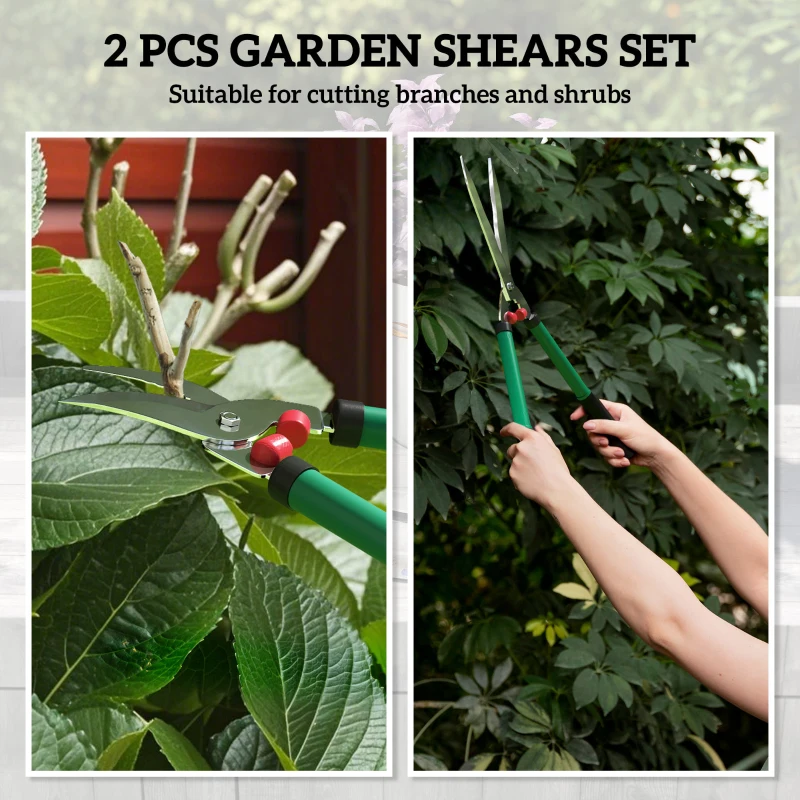 Zestaw nożyc ogrodowych Outsunny 2-częściowy, długość ostrza 40 cm, sekator z antyadhezyjnymi ostrzami metalowymi, 51 cm nożyce ogrodowe do cięcia żywopłotów i gałęzi