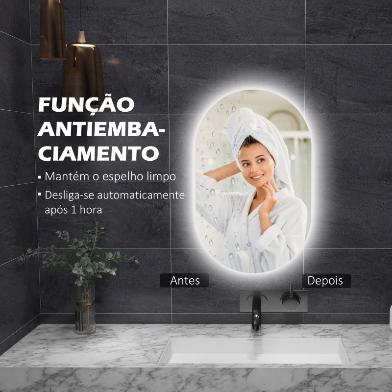 kleankin Espelho Casa de Banho com Luzes LED 81x51 cm 3 Cores Ajustáveis Função Antiembaciamento e Interruptor Tátil Prata