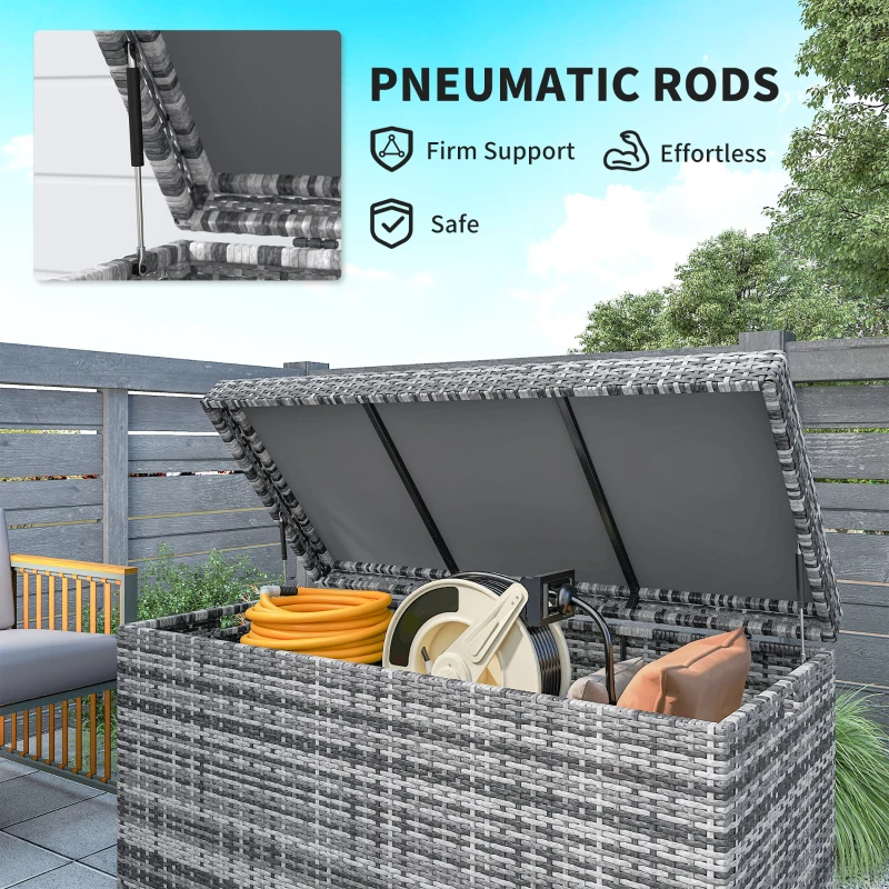 Outsunny Skrzynia na poduszki Rattan 380L odporna na warunki atmosferyczne z pokrywą i wbudowanym uchwytem, pojemność UV-odporna, skrzynia ogrodowa o wymiarach 130x61x65 cm, kolor ciemnoszary