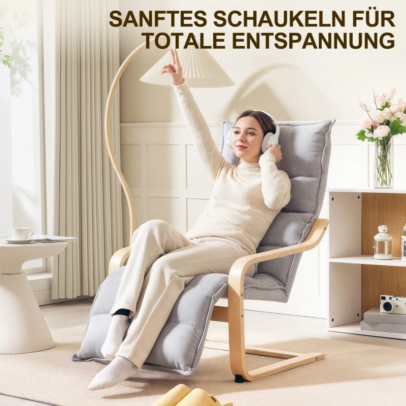 HOMCOM Birch Wood Lounge Chair, Upholstered Recliner Lounge Seat with Adjustable Footrest, Modern Armchair for Living Room, Bedroom, Balcony, Office, Light Grey