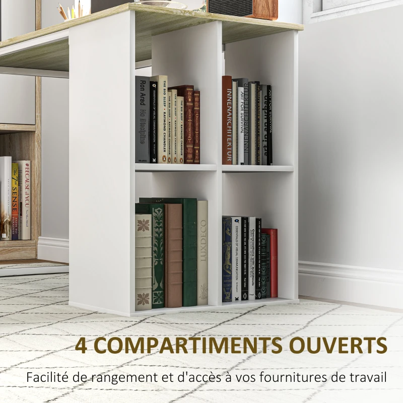 HOMCOM Bureau table d'ordinateur avec 4 compartiments, pour bureau à domicile, chambre, petits espaces, chêne