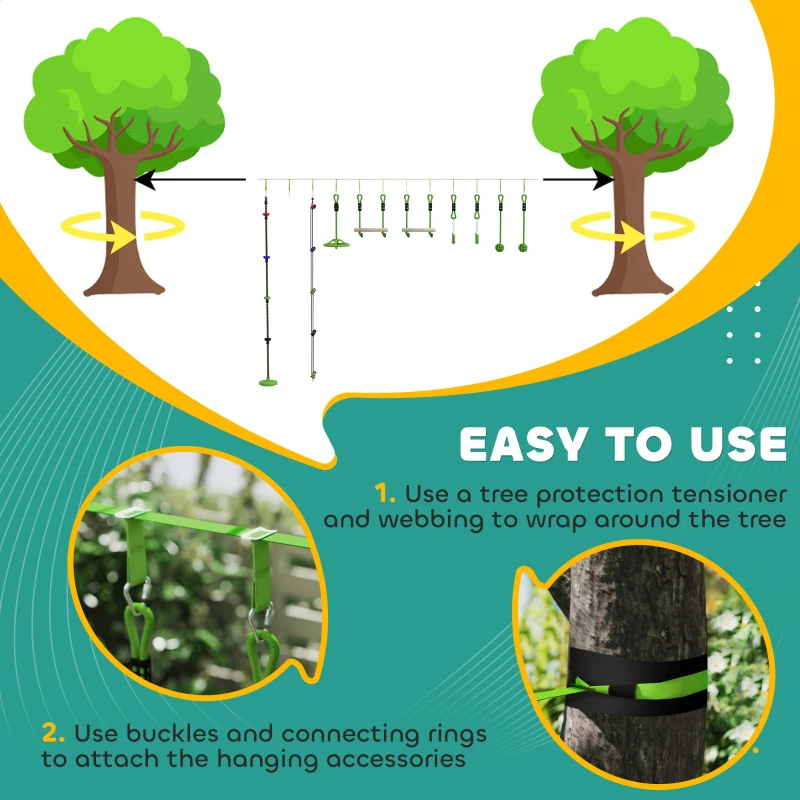 Tor przeszkód Ninja dla dzieci, 10m, zestaw slackline, zielony