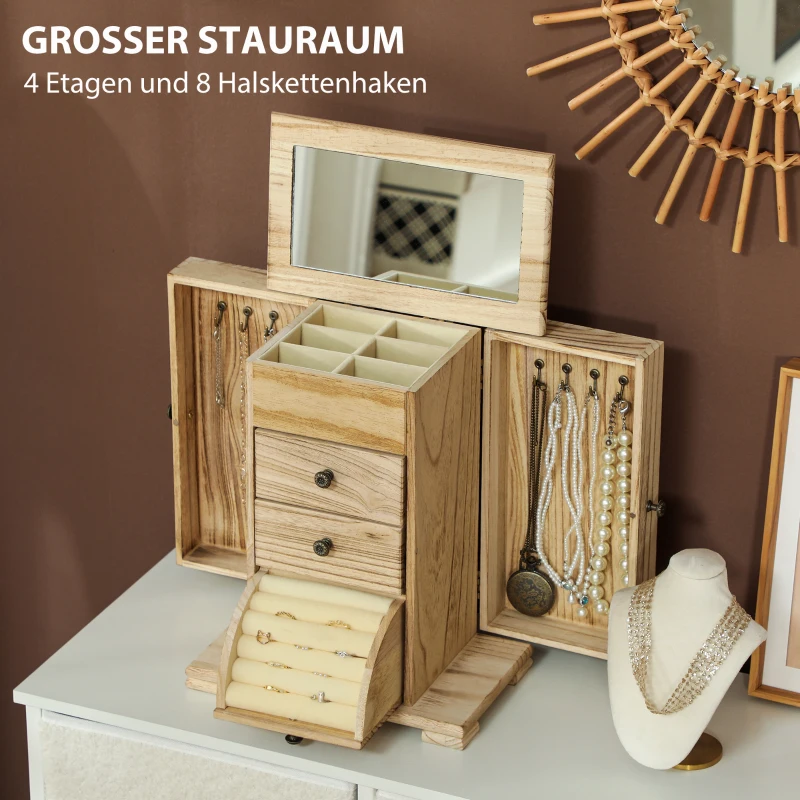 HOMCOM 4-Tier Wooden Jewelry Box for Women, Large Jewelry Organiser with Mirror and 2 Drawers for Rings Earrings Necklaces Bracelets, Brown