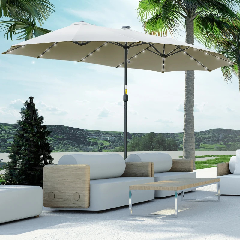 Outsunny Ombrellone Doppio da Giardino 4.5x2.65 m con 48 Luci LED Solari Manovella, Ombrellone da Giardino a 12 Stecche in Acciaio e Poliestere, per Cortile, Terrazza e Balcone, Grigio chiaro