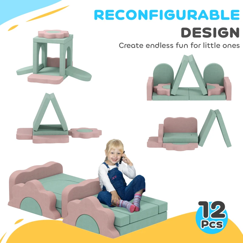 AIYAPLAY Piankowe Klocki dla Dzieci 12 Sztuk do Wspinaczki, Miękkie Klocki z Basenem z Piłeczkami, Zestaw Dużych Klocków, Różowo-Zielone