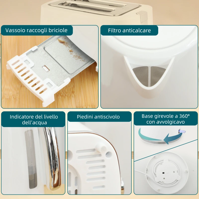 HOMCOM Set Bollitore Elettrico da 1.7L 2200W con Termostato e Tostapane Doppio con 7 Livelli di Doratura, Bianco