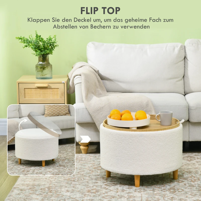 HOMCOM Hoker z oparciem do siedzenia z przestrzenią do przechowywania, okrągły hoker z odchylną pokrywą, drewniane nogi, nowoczesny, do salonu, sypialni, Biały, Ø56 x 42 cm