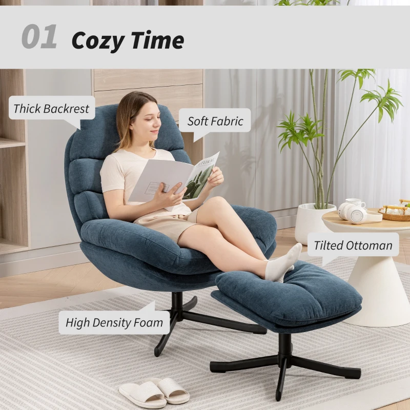 HOMCOM Fotel Relaksacyjny z Podnóżkiem, Niebieski, Wypoczynkowy Fotel z Materiału Chenille, Nowoczesny do Telewizji, z Podłokietnikami do Salonu, Sypialni