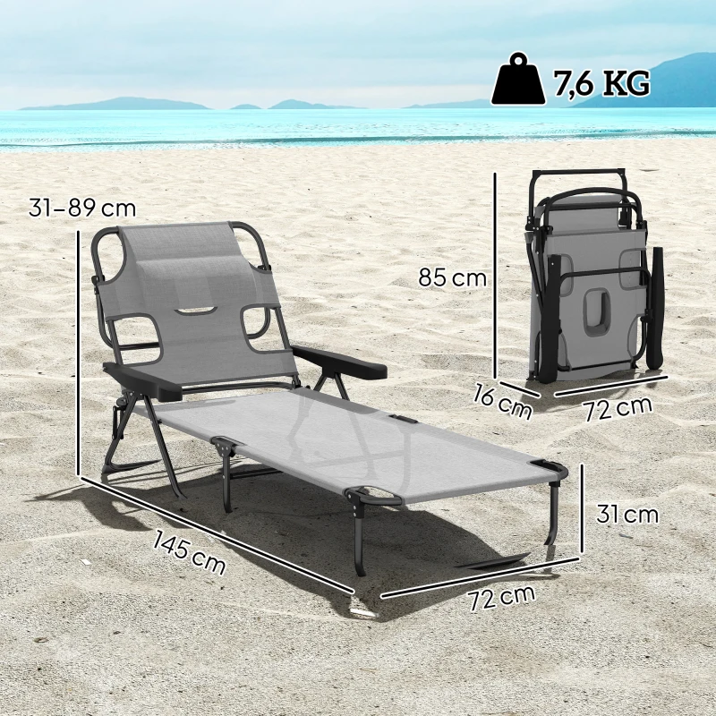 Outsunny Leżak słoneczny, leżanka ogrodowa z poduszką, fotel plażowy z regulowanym oparciem, podłokietnikiem, leżanka relaksacyjna do ogrodu, balkonu, siatka, ciemnoszary