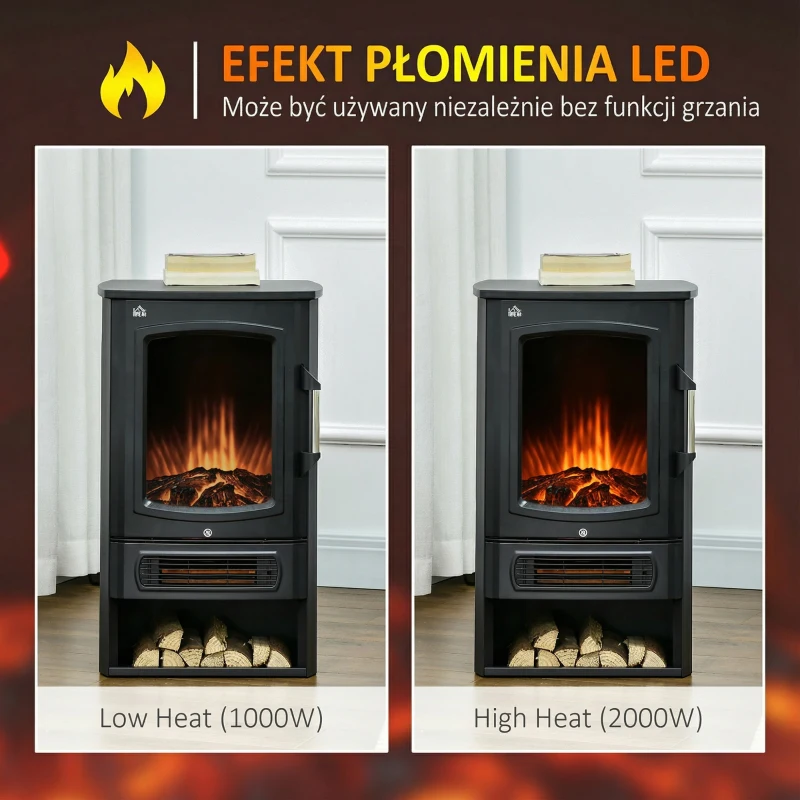Kominek elektryczny LED, realistyczne płomienie, 2 moce, czarny