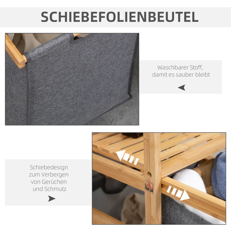 HOMCOM Kosz na bieliznę z 2 torbami z tkaniny, kolekcjonowaniem prania z kółkami, kosz na pranie z bambusa Drewno naturalne + Szary 42 x 35 x 84,5 cm