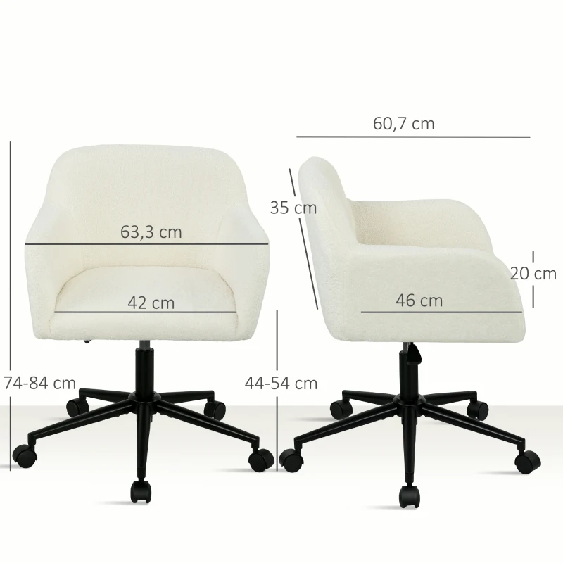 HOMCOM Computer Desk Chair, 360° Swivel Office Chair, Teddy Fleece Fabric Vanity Chair with Height Adjustable for Living Room, Bedroom, Home Office, Cream White