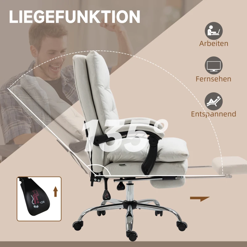 Vinsetto Biurowy fotel masujący, Ergonomiczny fotel biurkowy z funkcją leżenia, Podgrzewanie, Regulacja wysokości, Obrotowy fotel z podnóżkiem, Kremowy