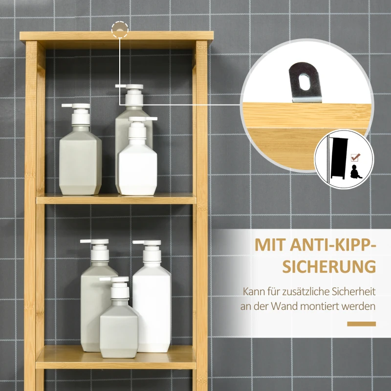 kleankin Szafka łazienkowy z 3 otwartymi półki i 1 szafka, Meble łazienkowy Wolnostojący Wysoki Szafka do Łazienki, Małe Pomieszczenia, Naturalne 34 x 30 x 173 cm